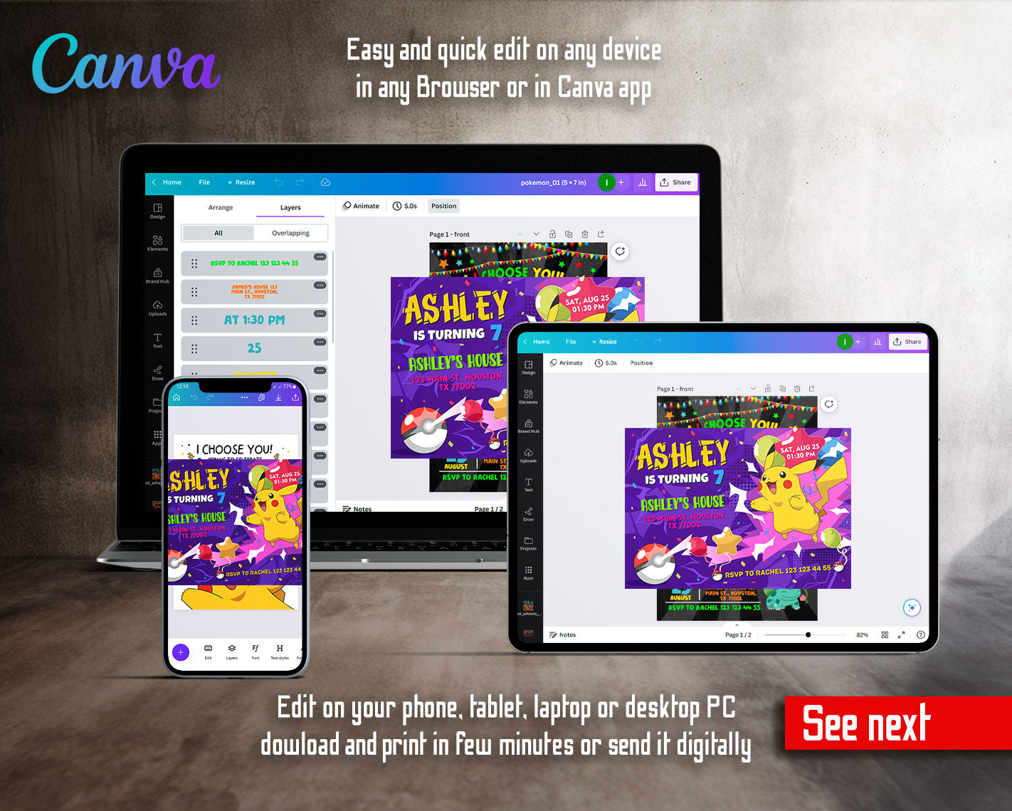 Pokemon Pikachu  customizable invitation template | Share or Print |  | SR756