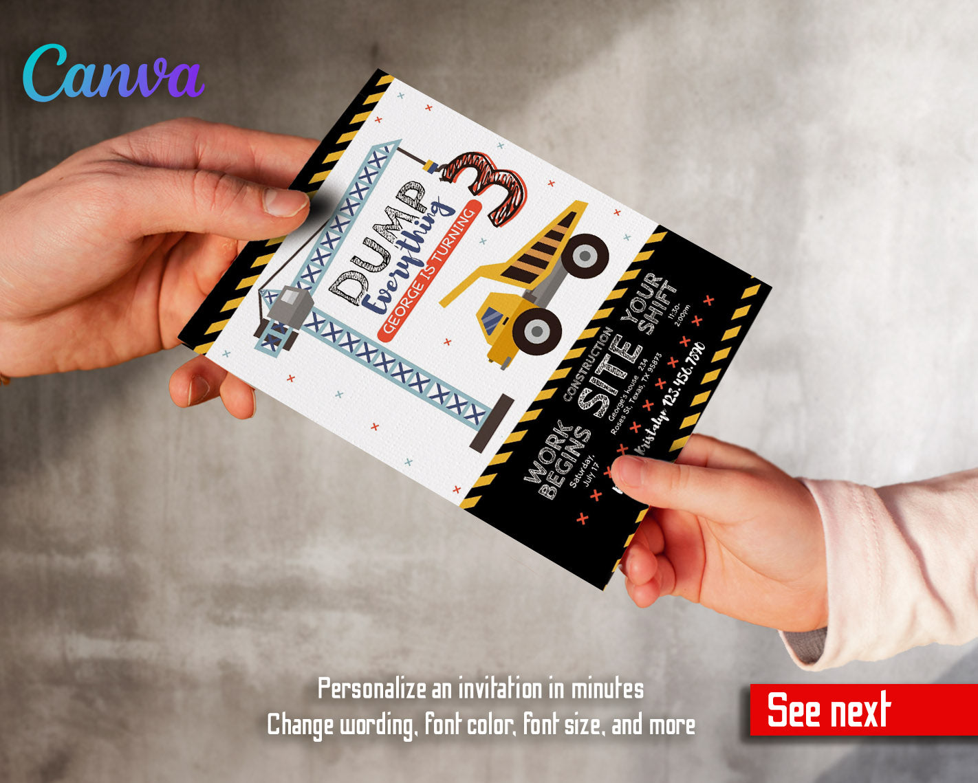 Dump Truck Construction customizable invitation template | Share or Print | boy | SG097