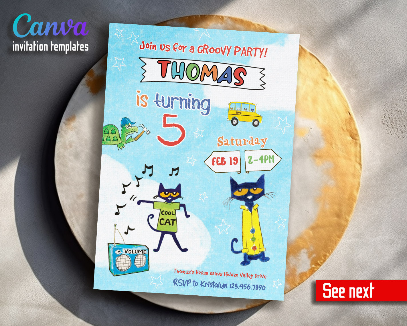 Pete the Cat customizable invitation template | Share or Print |  | TH255