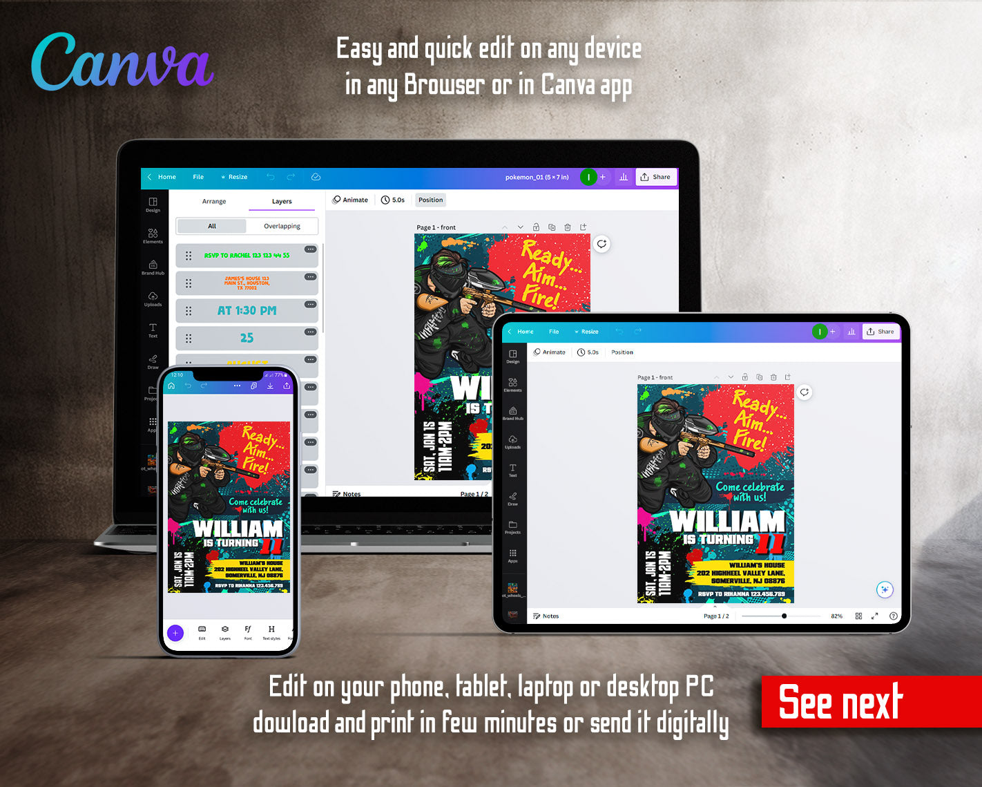 Paintball Airsoft battle customizable invitation template | Share or Print | boy | LJ074