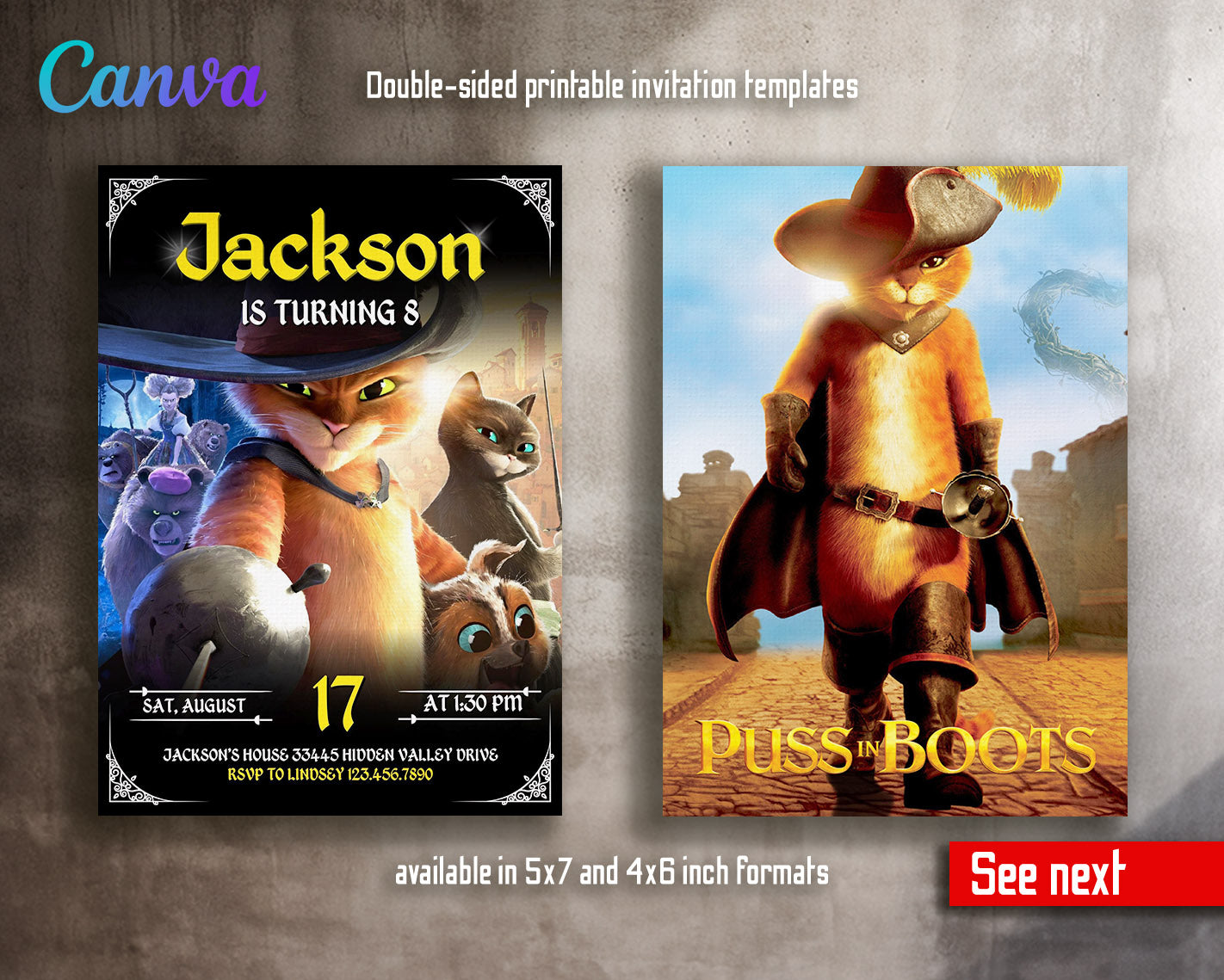 Puss in Boots Cat Shrek customizable invitation template | Share or Print |  | NV485