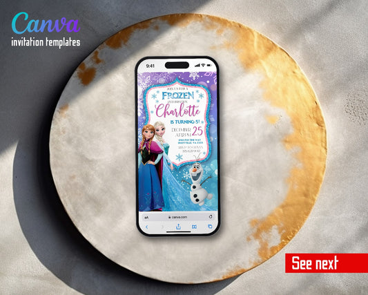Frozen Elsa Glitter Frame Trio Video Birthday Invitation | Animated Evite | Editable Canva