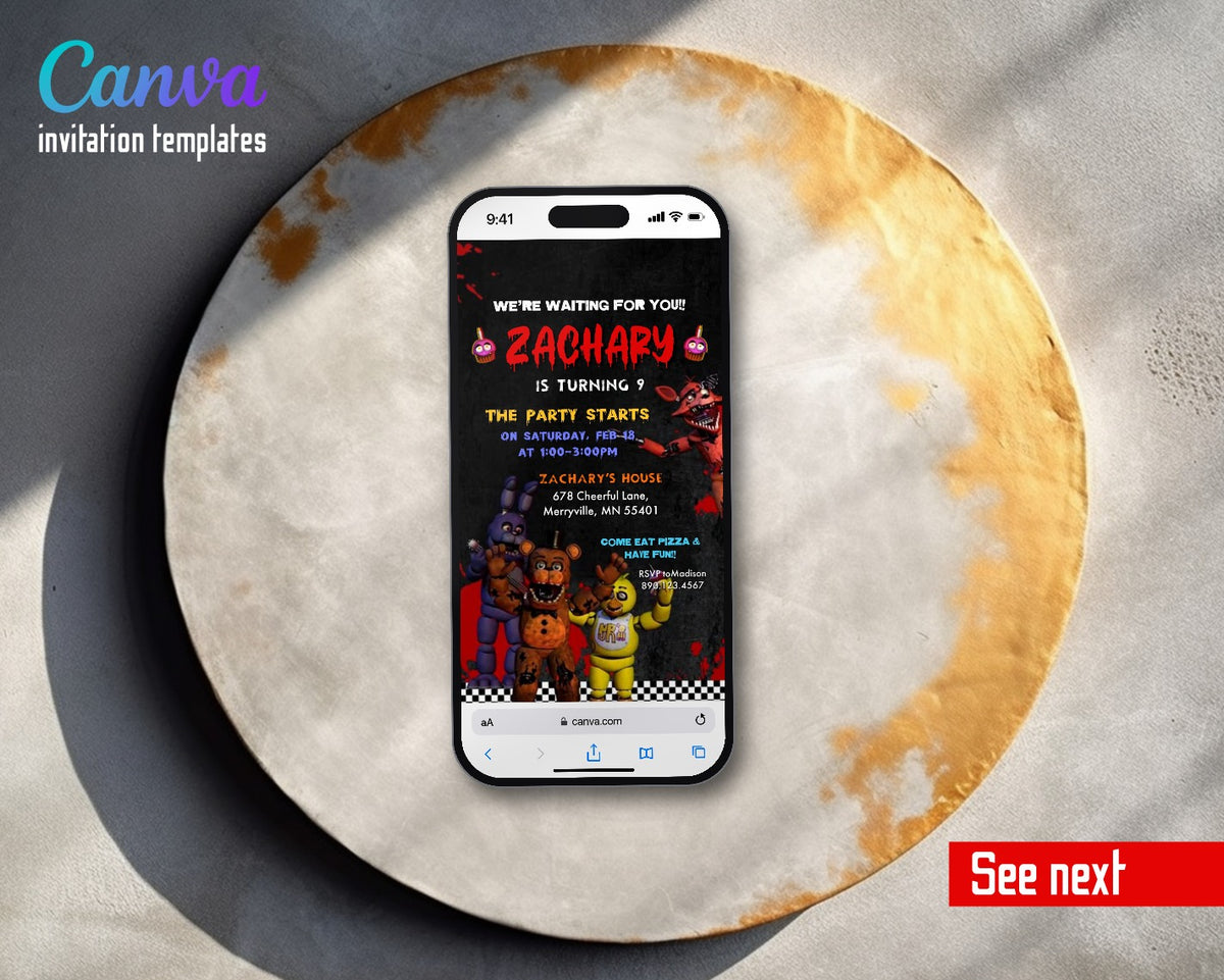Five Nights at Freddy's Dripping Blood Animatronics Video Birthday Invitation | Animated Evite | Editable Canva