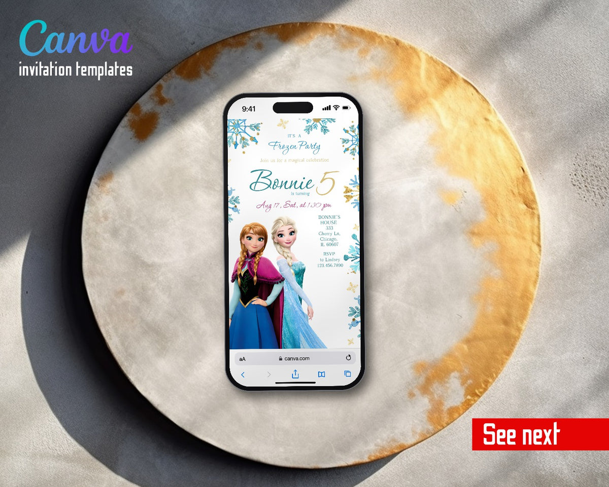 Frozen Elsa Gold Snowflake Corners Video Birthday Invitation | Animated Evite | Editable Canva