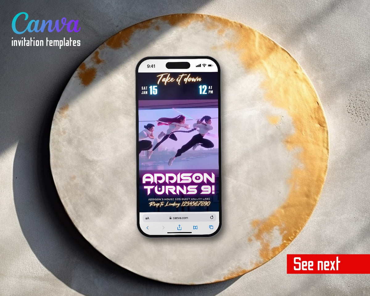 K-pop Demon Hunter Sword Fight Take Down Video Birthday Invitation | Animated Evite | Editable Canva