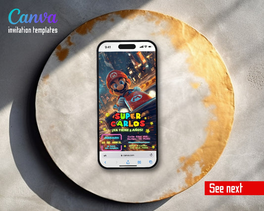 Mario Kart Spanish Neon City Race Video Birthday Invitation | Animated Evite | Editable Canva