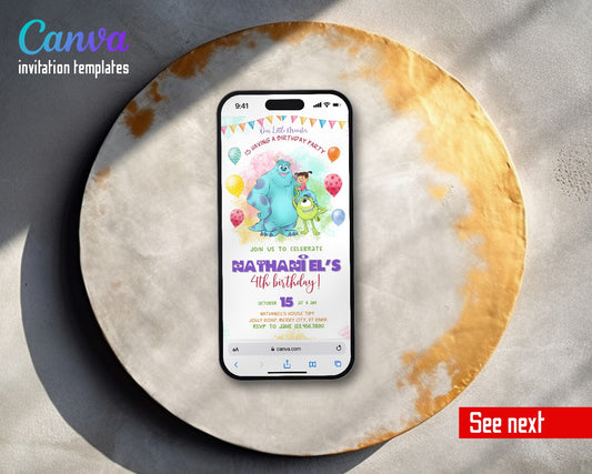 Monsters, Inc. Watercolor Balloon Sulley Boo Video Birthday Invitation | Animated Evite | Editable Canva