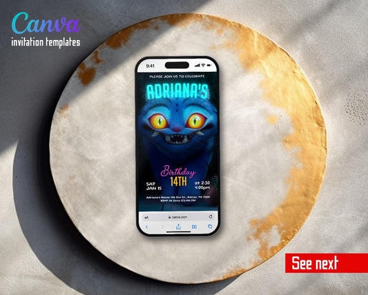 K-pop Demon Hunter Glowing Eyes Blue Cat Video Birthday Invitation | Animated Evite | Editable Canva