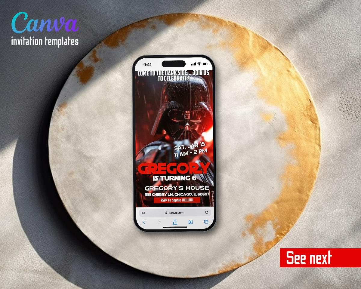 Darth Vader Red Closeup Video Birthday Invitation | Animated Evite | Editable Canva