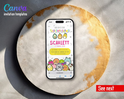 Squishmallows Doodle Fruit Squish Video Birthday Invitation | Animated Evite | Editable Canva