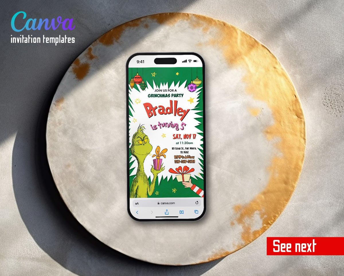 Dr Seuss How the Grinch Stole Christmas Green Starburst Gift Video Birthday Invitation | Animated Evite | Editable Canva