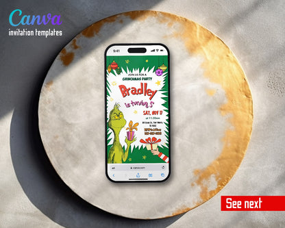 Dr Seuss How the Grinch Stole Christmas Green Starburst Gift Video Birthday Invitation | Animated Evite | Editable Canva
