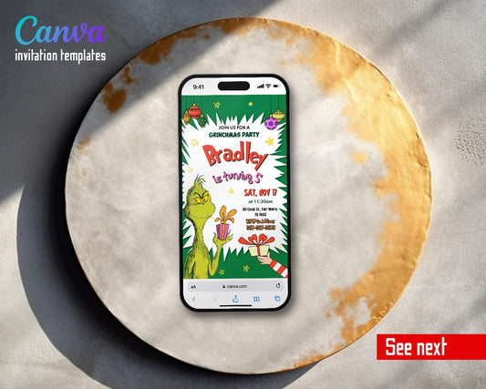 Dr Seuss How the Grinch Stole Christmas Green Starburst Gift Video Birthday Invitation | Animated Evite | Editable Canva