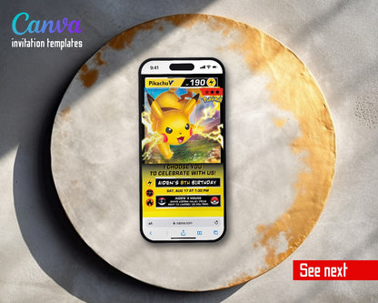 Pokemon Pikachu V Card Video Birthday Invitation | Animated Evite | Editable Canva