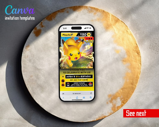 Pokemon Pikachu V Card Video Birthday Invitation | Animated Evite | Editable Canva