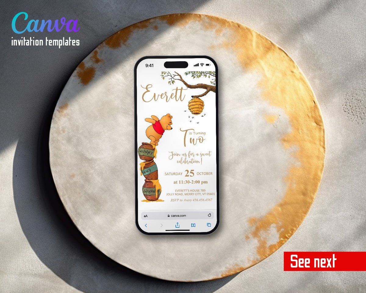 Winnie the Pooh Honey Pot Tree Branch Video Birthday Invitation | Animated Evite | Editable Canva