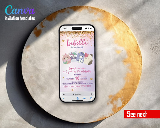 Squishmallows Lavender Cow Cat Quartet Video Birthday Invitation | Animated Evite | Editable Canva