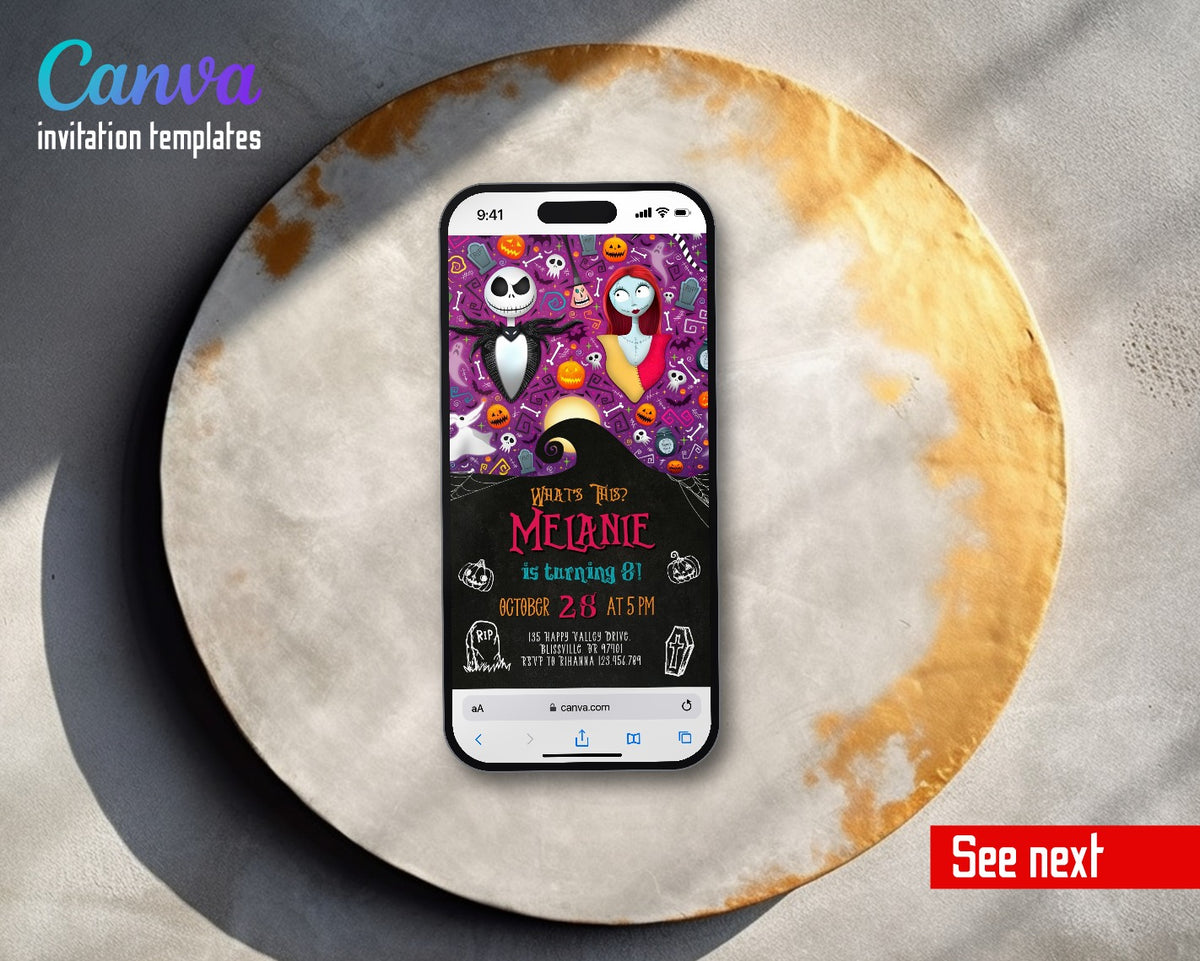 The Nightmare Before Christmas Halloween Purple Pattern Jack Sally Video Birthday Invitation | Animated Evite | Editable Canva