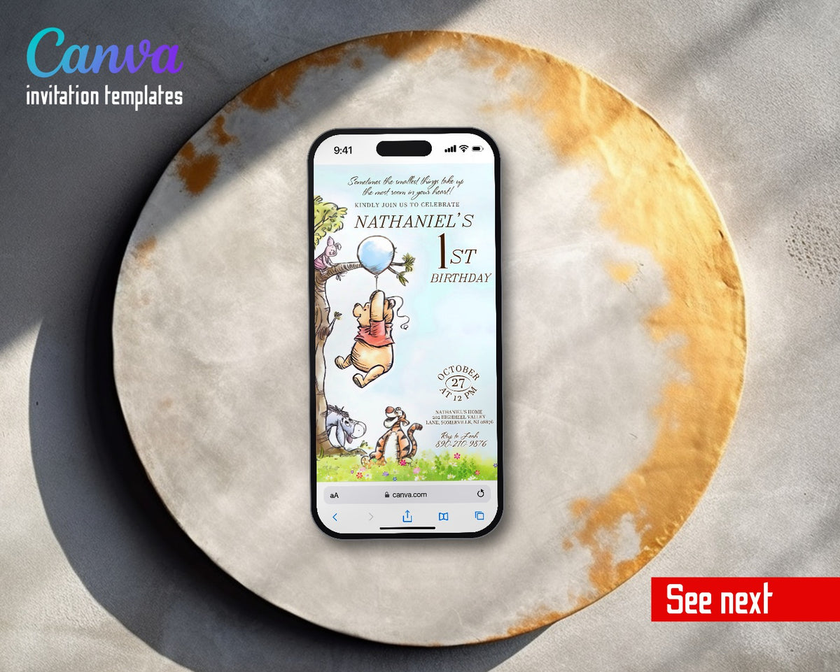 Winnie the Pooh Balloon Tree Watercolor Video Birthday Invitation | Animated Evite | Editable Canva