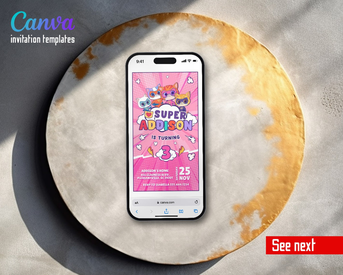 SuperKitties Pink Comic Kitty Burst Video Birthday Invitation | Animated Evite | Editable Canva