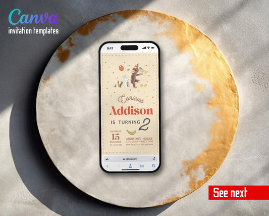 Curious George Monkey Beige Party Hat Video Birthday Invitation | Animated Evite | Editable Canva