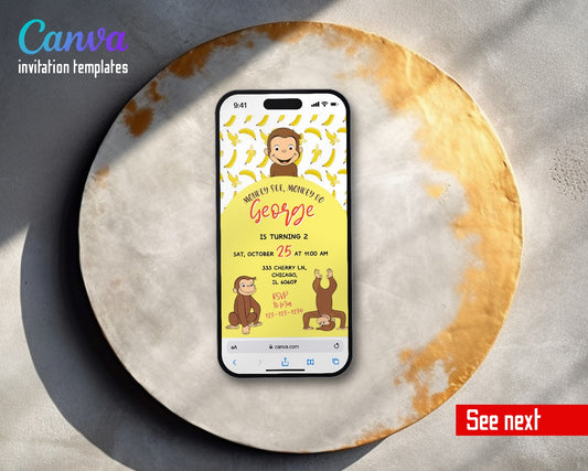 Curious George Monkey Banana Pattern Monkeys Video Birthday Invitation | Animated Evite | Editable Canva