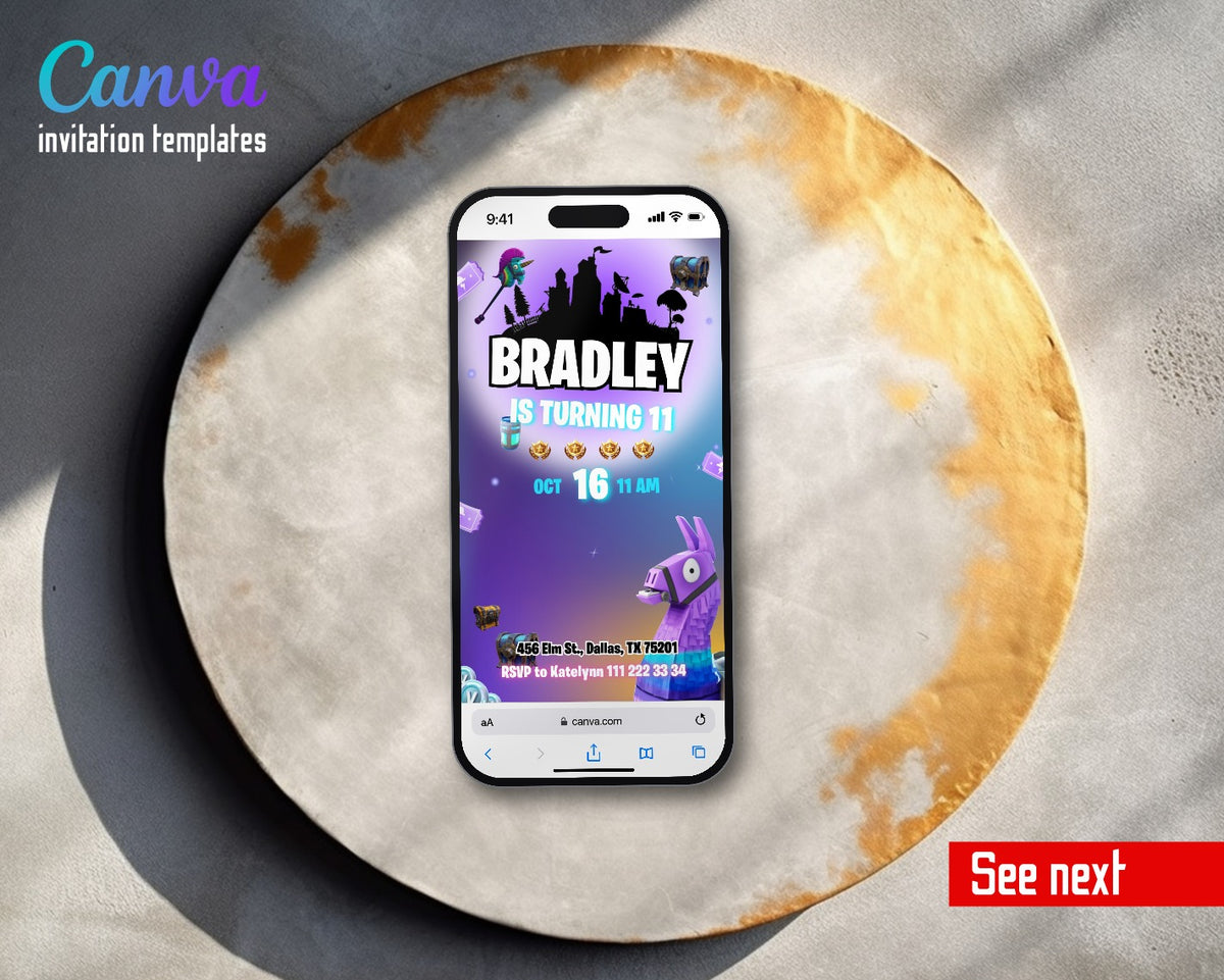 Fortnite Gamer Purple Llama Skyline Video Birthday Invitation | Animated Evite | Editable Canva