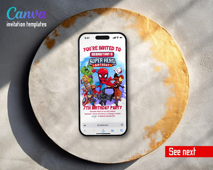 Avengers Chibi Heroes Watercolor Splash Video Birthday Invitation | Animated Evite | Editable Canva