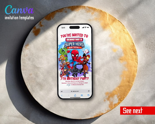 Avengers Chibi Heroes Watercolor Splash Video Birthday Invitation | Animated Evite | Editable Canva