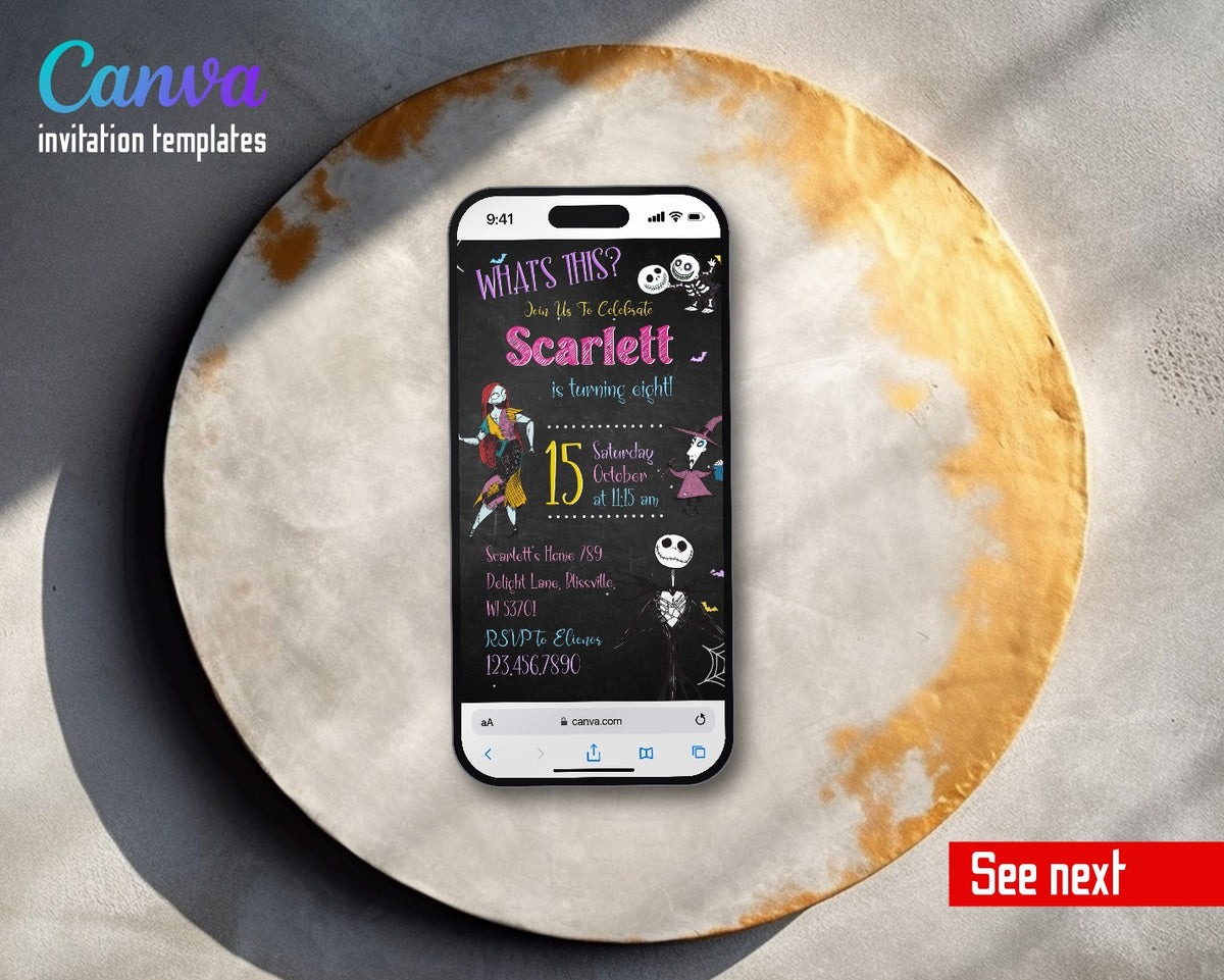 The Nightmare Before Christmas Halloween Chalkboard Jack Sally Video Birthday Invitation | Animated Evite | Editable Canva