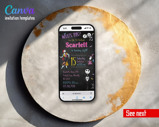 The Nightmare Before Christmas Halloween Chalkboard Jack Sally Video Birthday Invitation | Animated Evite | Editable Canva