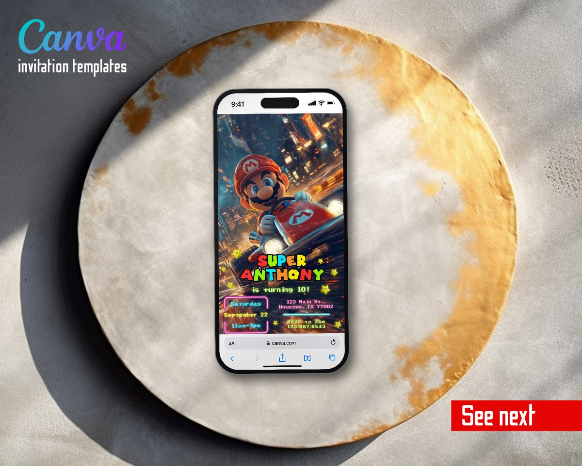 Mario Kart Neon City Video Birthday Invitation | Animated Evite | Editable Canva