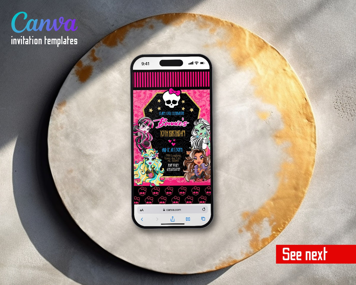 Monster High Coffin Frame Skull Pattern Video Birthday Invitation | Animated Evite | Editable Canva