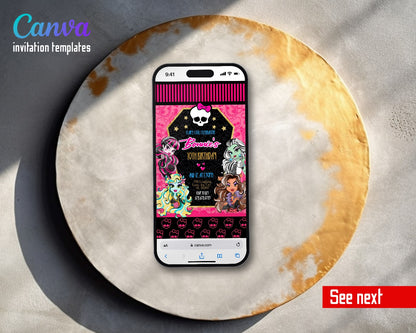 Monster High Coffin Frame Skull Pattern Video Birthday Invitation | Animated Evite | Editable Canva