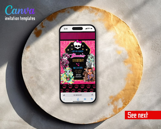 Monster High Coffin Frame Skull Pattern Video Birthday Invitation | Animated Evite | Editable Canva