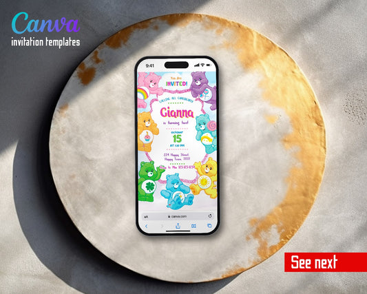 Care Bears Pink Glitter Video Birthday Invitation | Animated Evite | Editable Canva