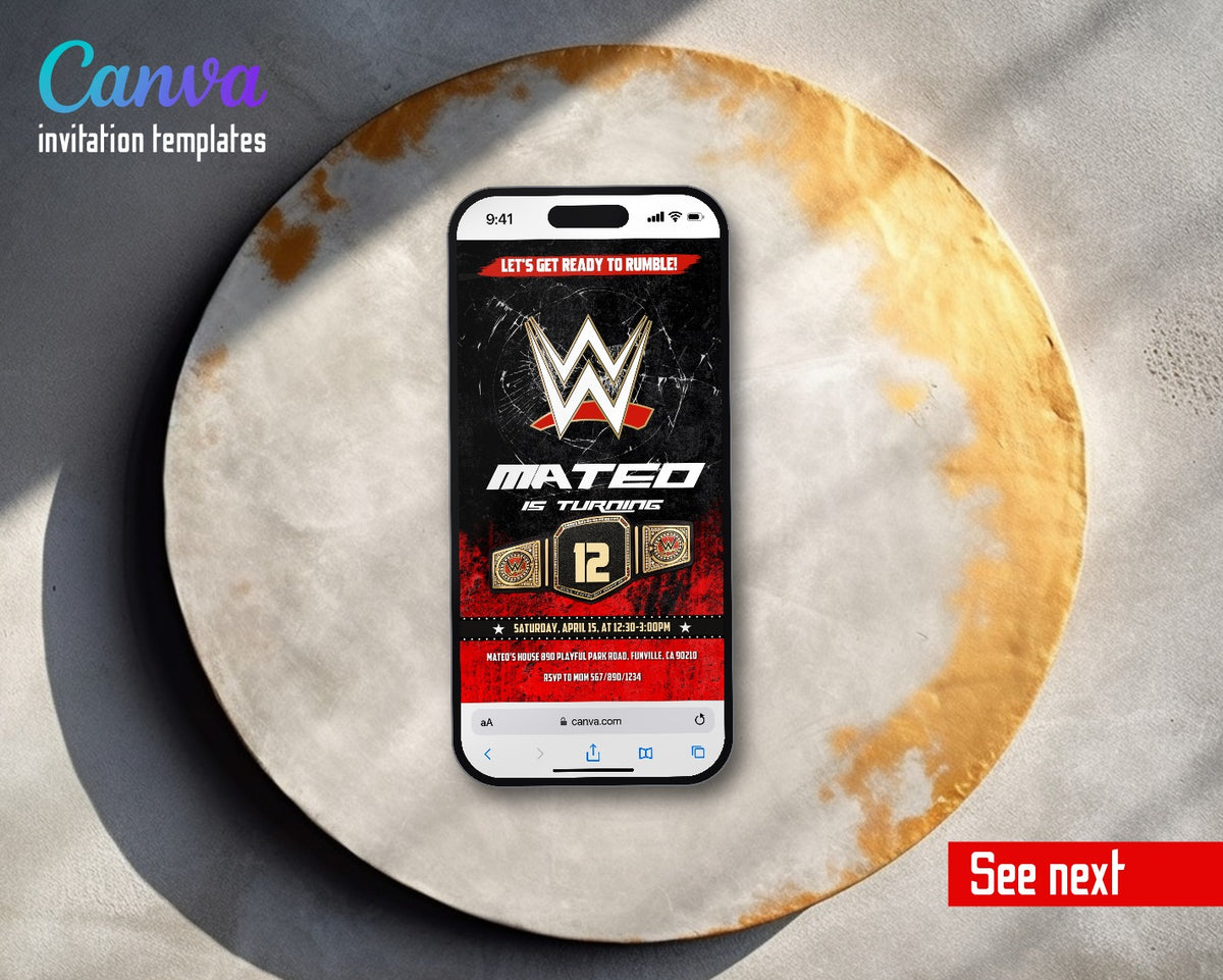 Wrestling WWE WrestleMania Belt Red Black Video Birthday Invitation | Animated Evite | Editable Canva