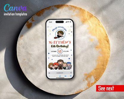 Harry Potter Chibi Broomstick Circle Video Birthday Invitation | Animated Evite | Editable Canva