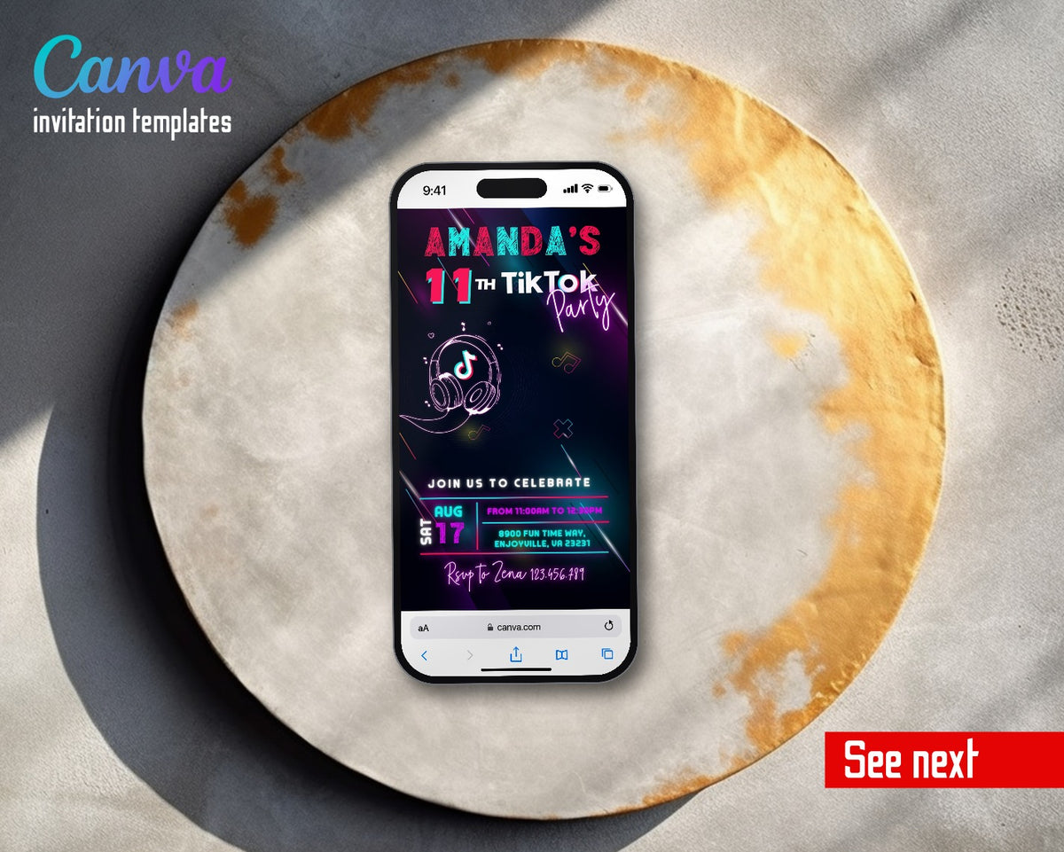 Tik Tok Party Neon Headphones TikTok Video Birthday Invitation | Animated Evite | Editable Canva