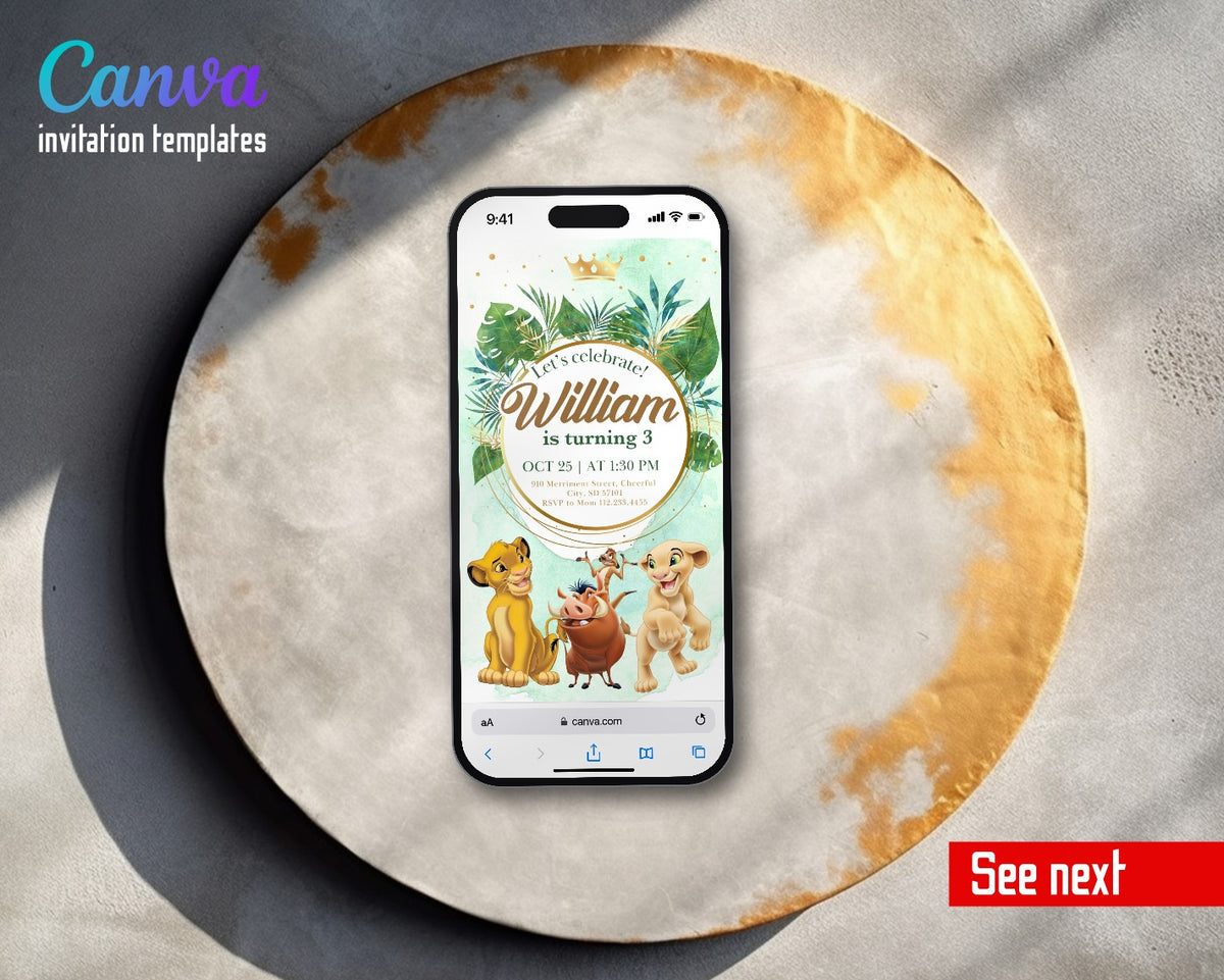 Lion King Simba Gold Ring Palm Leaves Video Birthday Invitation | Animated Evite | Editable Canva