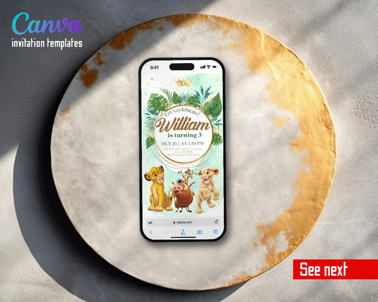 Lion King Simba Gold Ring Palm Leaves Video Birthday Invitation | Animated Evite | Editable Canva