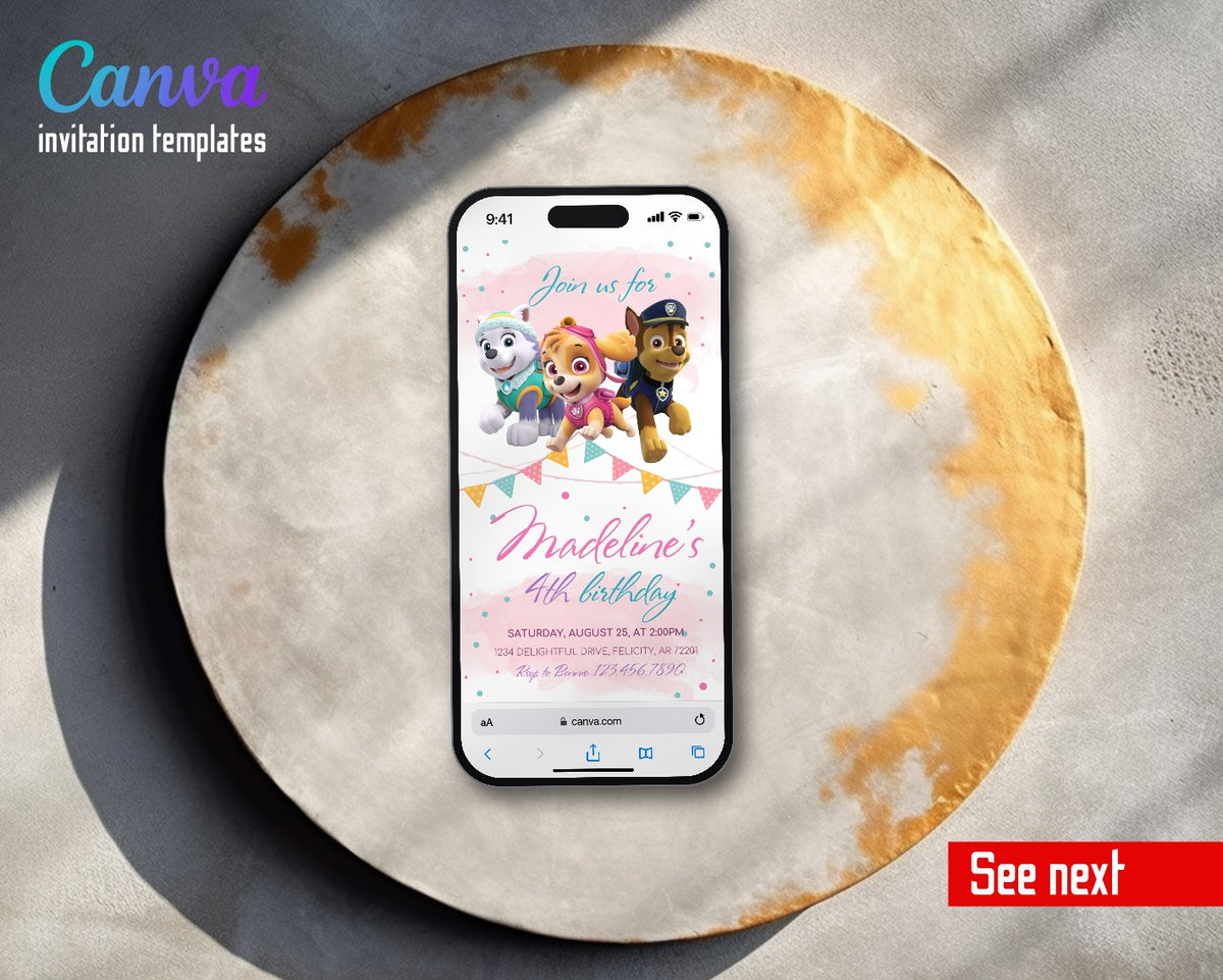 PAW Patrol Watercolor Pup Bunting Video Birthday Invitation | Animated Evite | Editable Canva