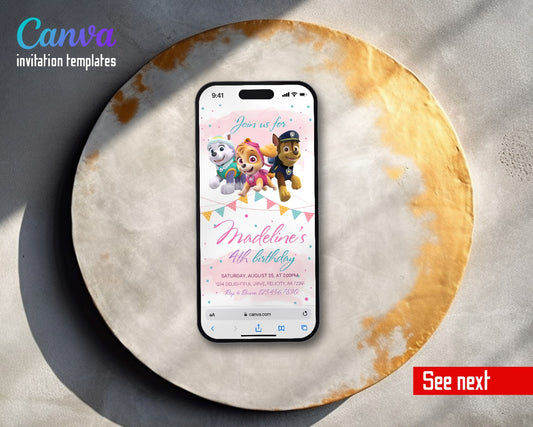 PAW Patrol Watercolor Pup Bunting Video Birthday Invitation | Animated Evite | Editable Canva