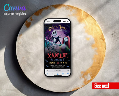 The Nightmare Before Christmas Halloween Purple Jack Sally Dance Video Birthday Invitation | Animated Evite | Editable Canva