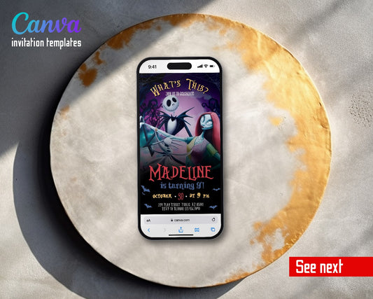 The Nightmare Before Christmas Halloween Purple Jack Sally Dance Video Birthday Invitation | Animated Evite | Editable Canva