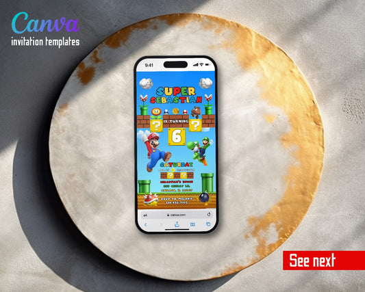 Super Mario Bros Blue Sky Brick World Video Birthday Invitation | Animated Evite | Editable Canva
