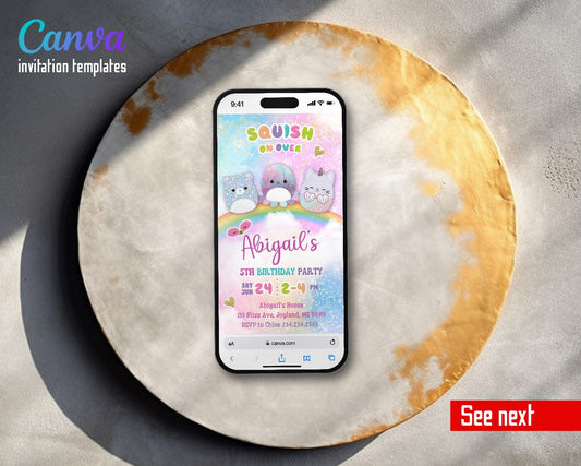 Squishmallows Rainbow Glitter Leopard Video Birthday Invitation | Animated Evite | Editable Canva