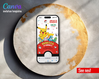 Pokemon Pikachu Pokeball Hill Friends Video Birthday Invitation | Animated Evite | Editable Canva