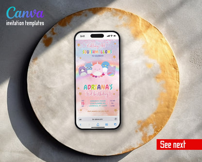 Squishmallows Rainbow Glitter Squish Row Video Birthday Invitation | Animated Evite | Editable Canva