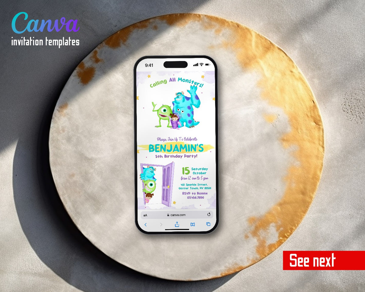 Monsters, Inc. Purple Door Watercolor Video Birthday Invitation | Animated Evite | Editable Canva